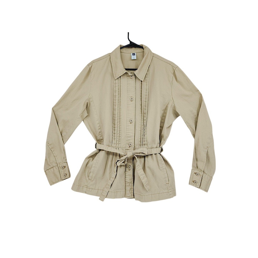 GAP Utility Jacket XL Women Tan Tie Pintuck Pleated Safari Cotton Chore Coat